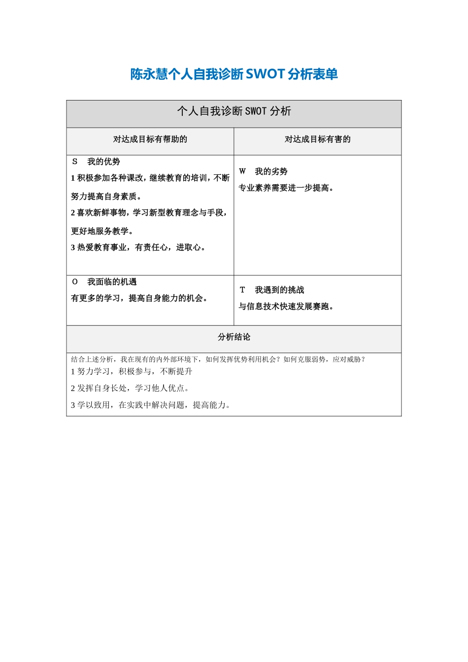陈永慧个人自我诊断SWOT分析表_第1页