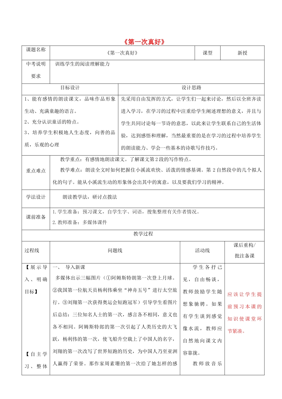 山东省济南市六年级语文下册 2《短文两篇》第一次真好教案 鲁教版五四制-鲁教版五四制小学六年级下册语文教案_第1页