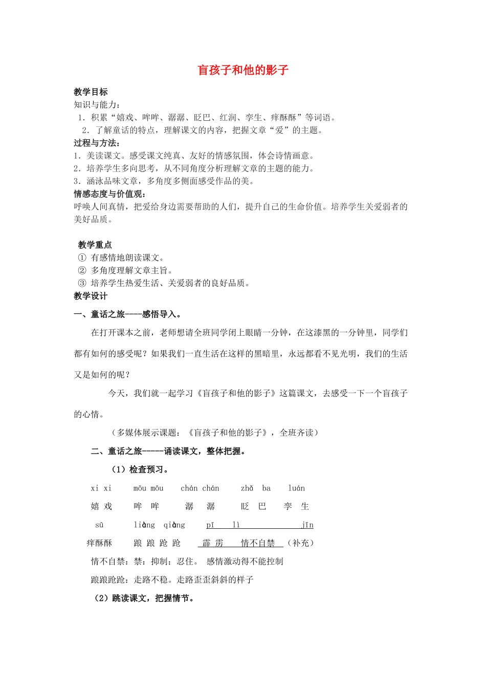 金识源秋六年级语文上册 第五单元 28《盲孩子和他的影子》教案 鲁教版五四制-鲁教版五四制小学六年级上册语文教案_第1页