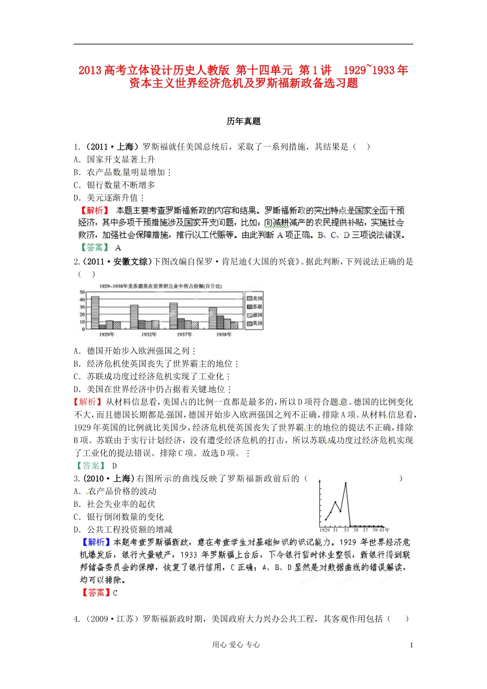 【立体设计】2013高考历史-第十四单元-第1讲-1929-1933年资本主义世界经济危机及罗斯福新政备选习题-新人教_第1页
