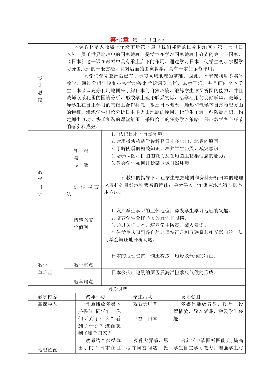 七年级地理下册 第七章 第一节《日本》教案 新人教版_第1页