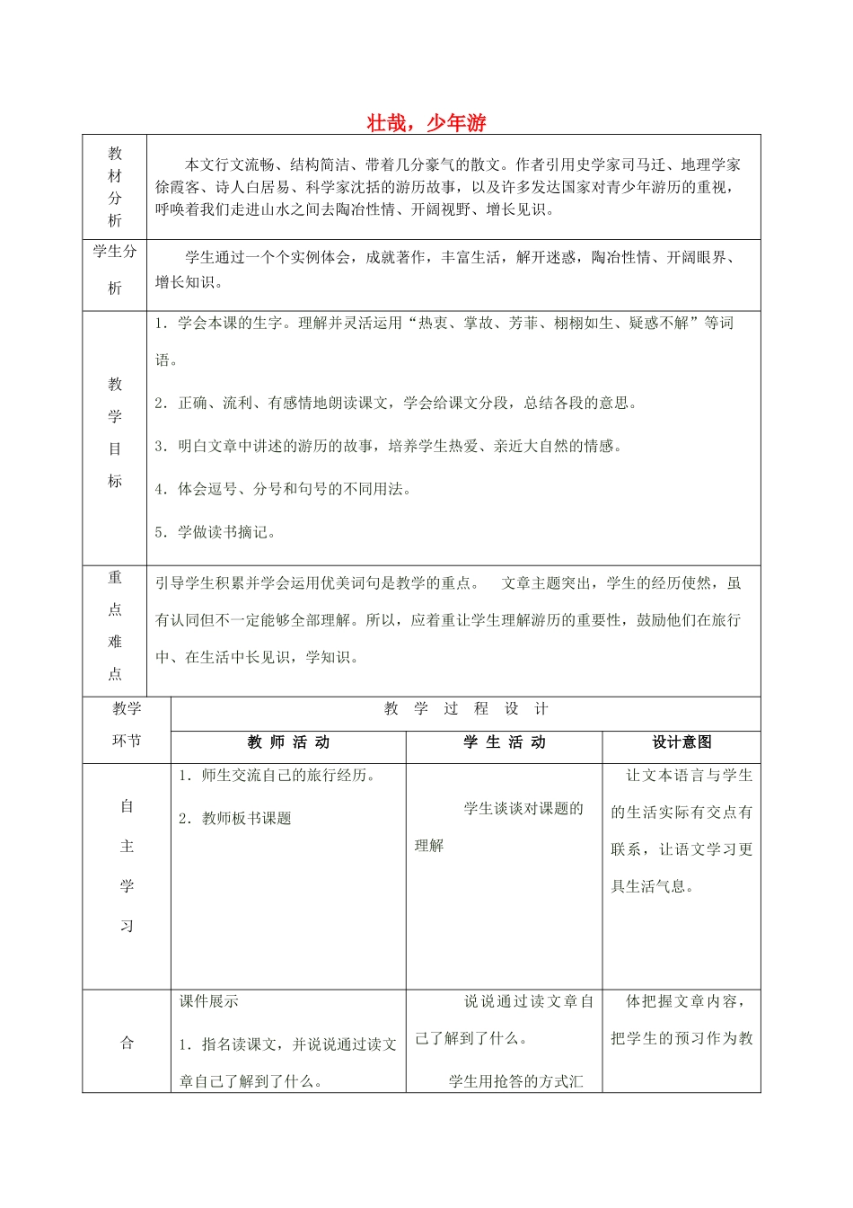 秋六年级语文上册《壮哉，少年游》教案2 冀教版-冀教版小学六年级上册语文教案_第1页