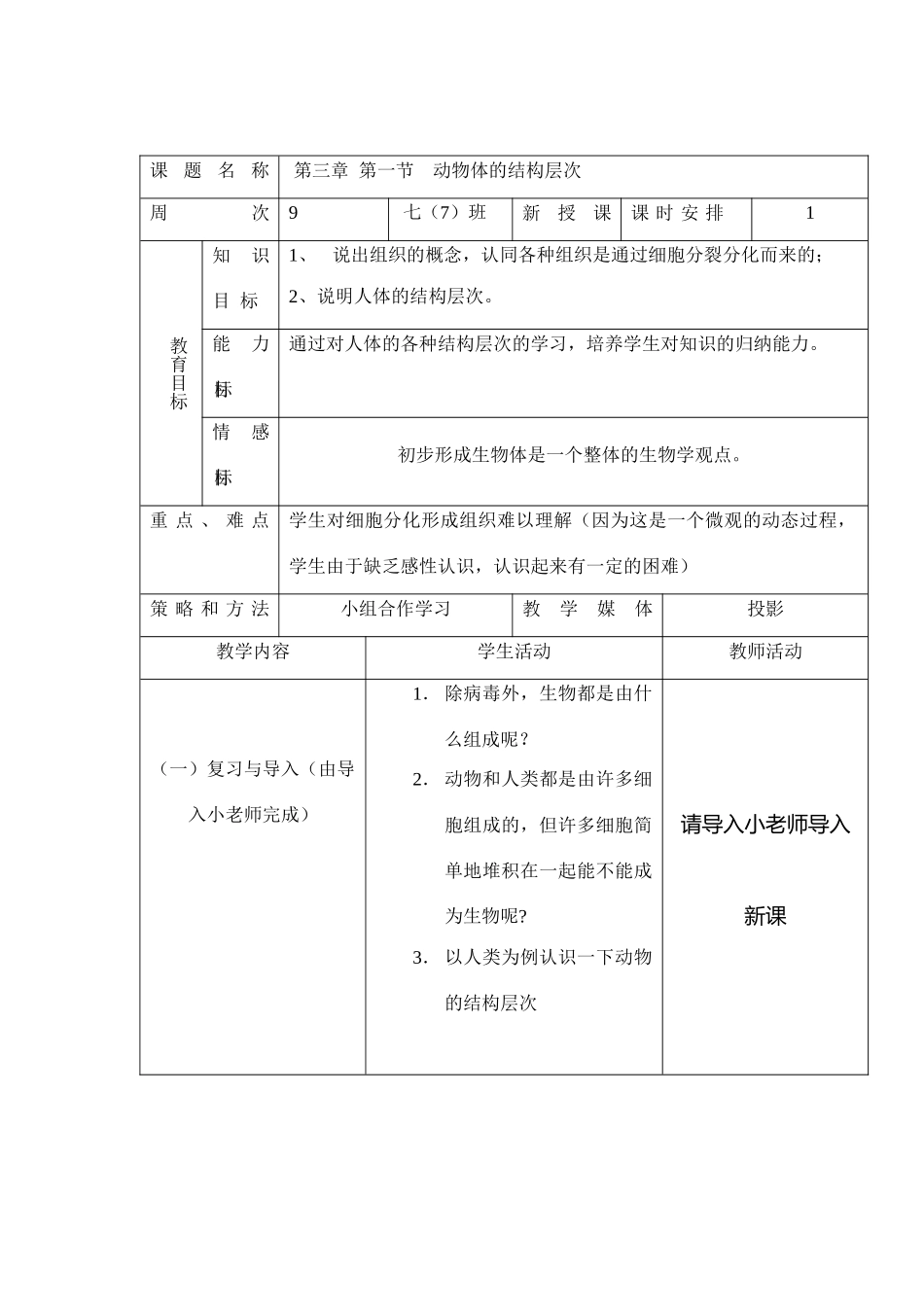 七年级生物2.3.1 动物体的结构层次 2教案人教版_第2页