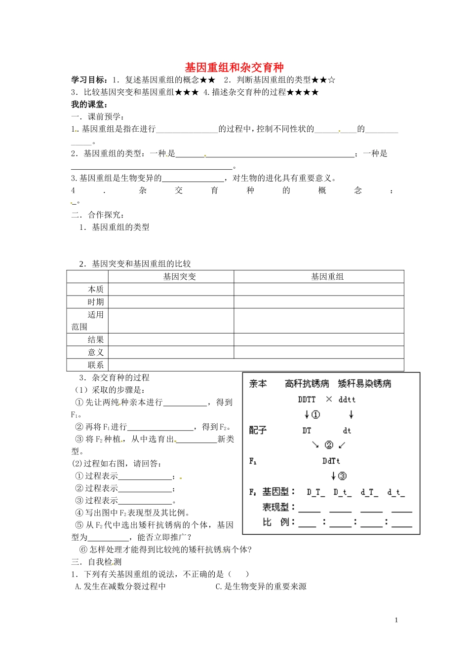 山东省德州市高中生物 基因重组和杂交育种学案 新人教版必修2_第1页