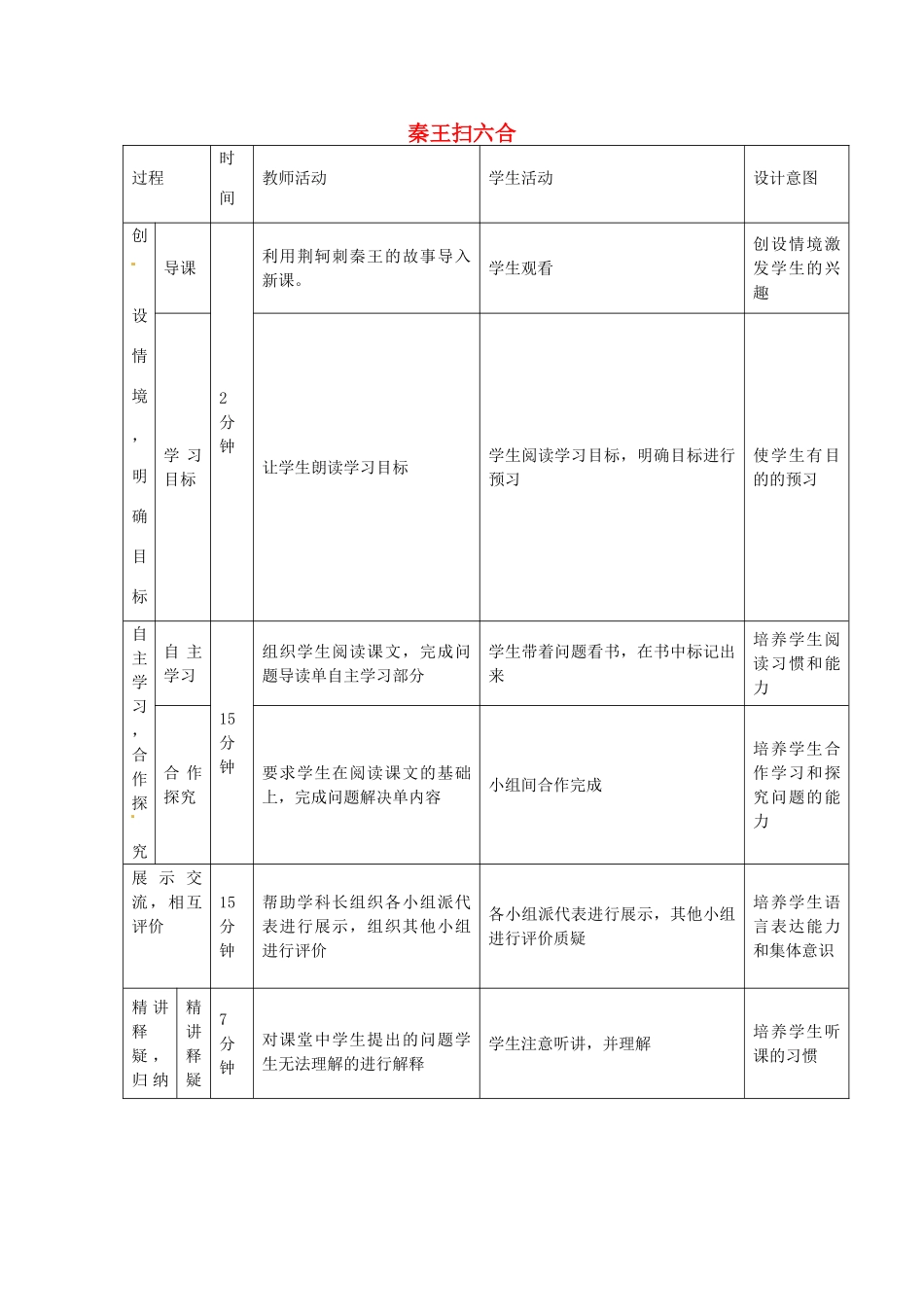 七年级历史上册 第10课 秦王扫六合教学设计 新人教版-新人教版初中七年级上册历史教案_第1页