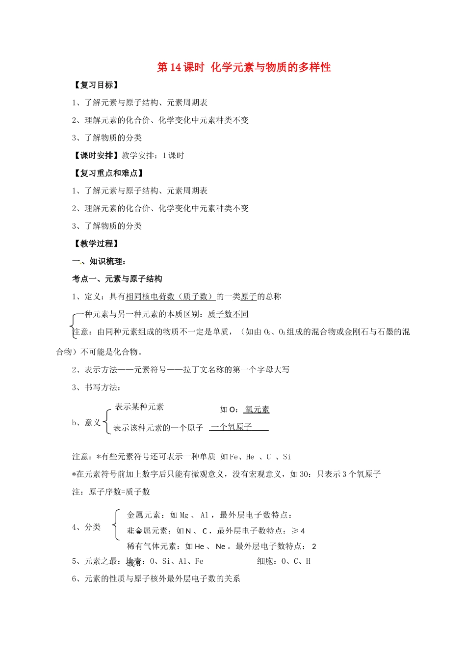 中考化学一轮复习 第14课时 化学元素与物质的多样性教案-人教版初中九年级全册化学教案_第1页
