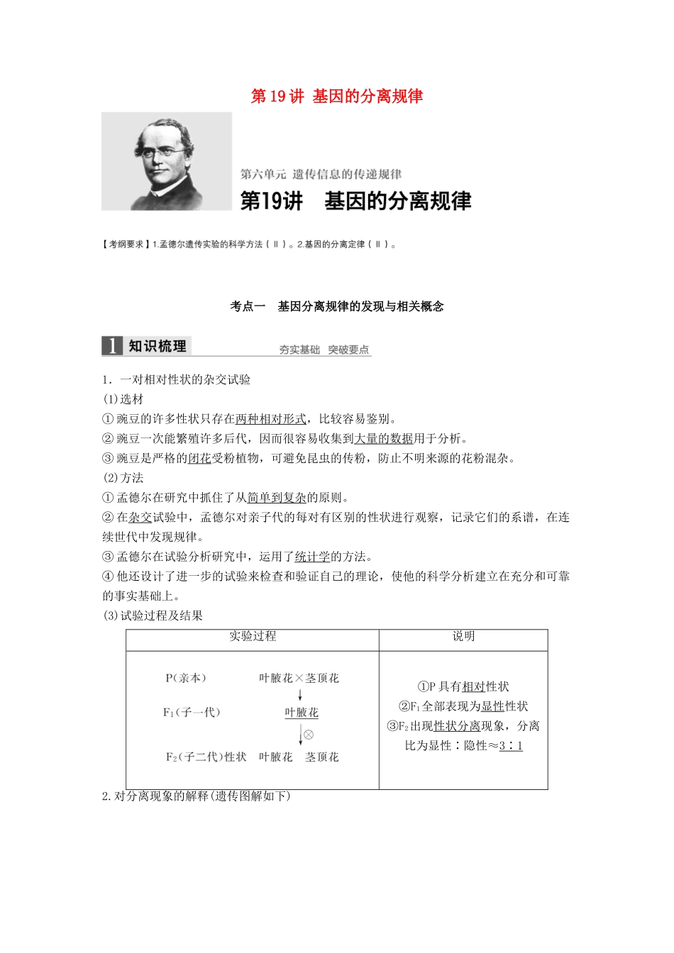 新高考生物一轮复习 第六单元 遗传信息的传递规律 第19讲 基因的分离规律学案（含解析）北师大版-北师大版高三全册生物学案_第1页