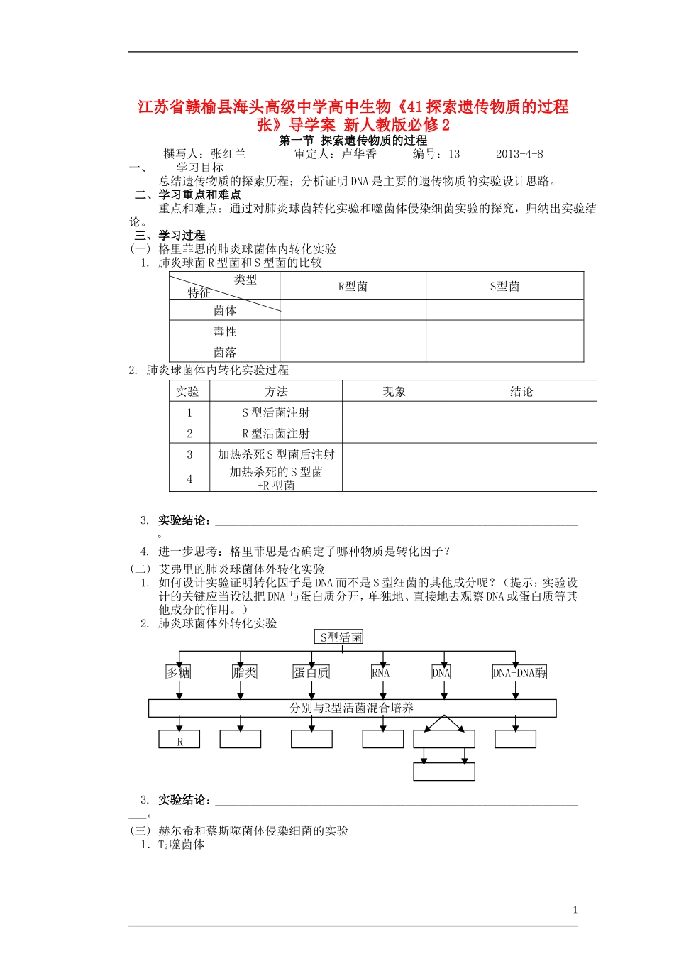 江苏省赣榆县海头高级中学高中生物《41探索遗传物质的过程张》导学案 新人教版必修2_第1页