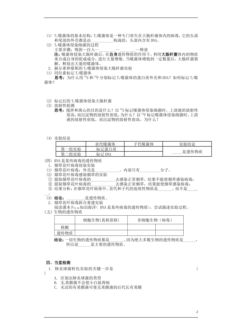 江苏省赣榆县海头高级中学高中生物《41探索遗传物质的过程张》导学案 新人教版必修2_第2页