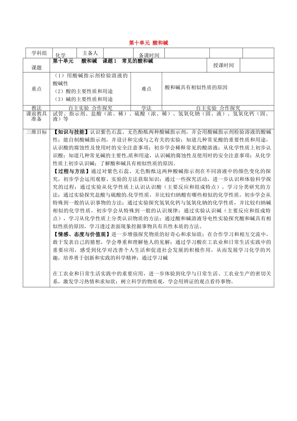山西省忻州市第六中学2015届九年级化学下册 第十单元 酸和碱教案 新人教版_第1页