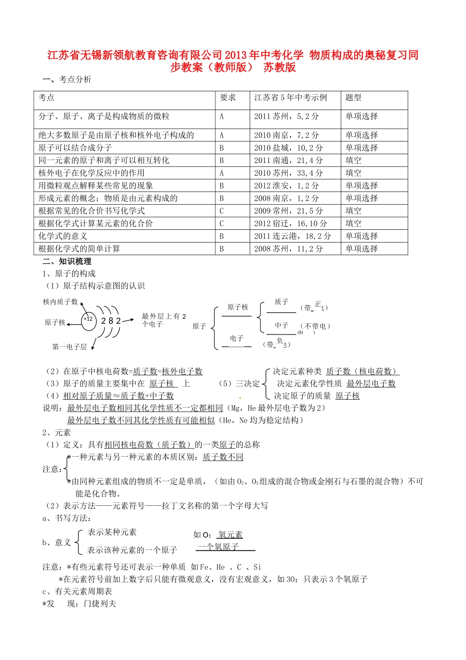 江苏省无锡新领航教育咨询有限公司2013年中考化学 物质构成的奥秘复习同步教案（教师版） 苏教版_第1页