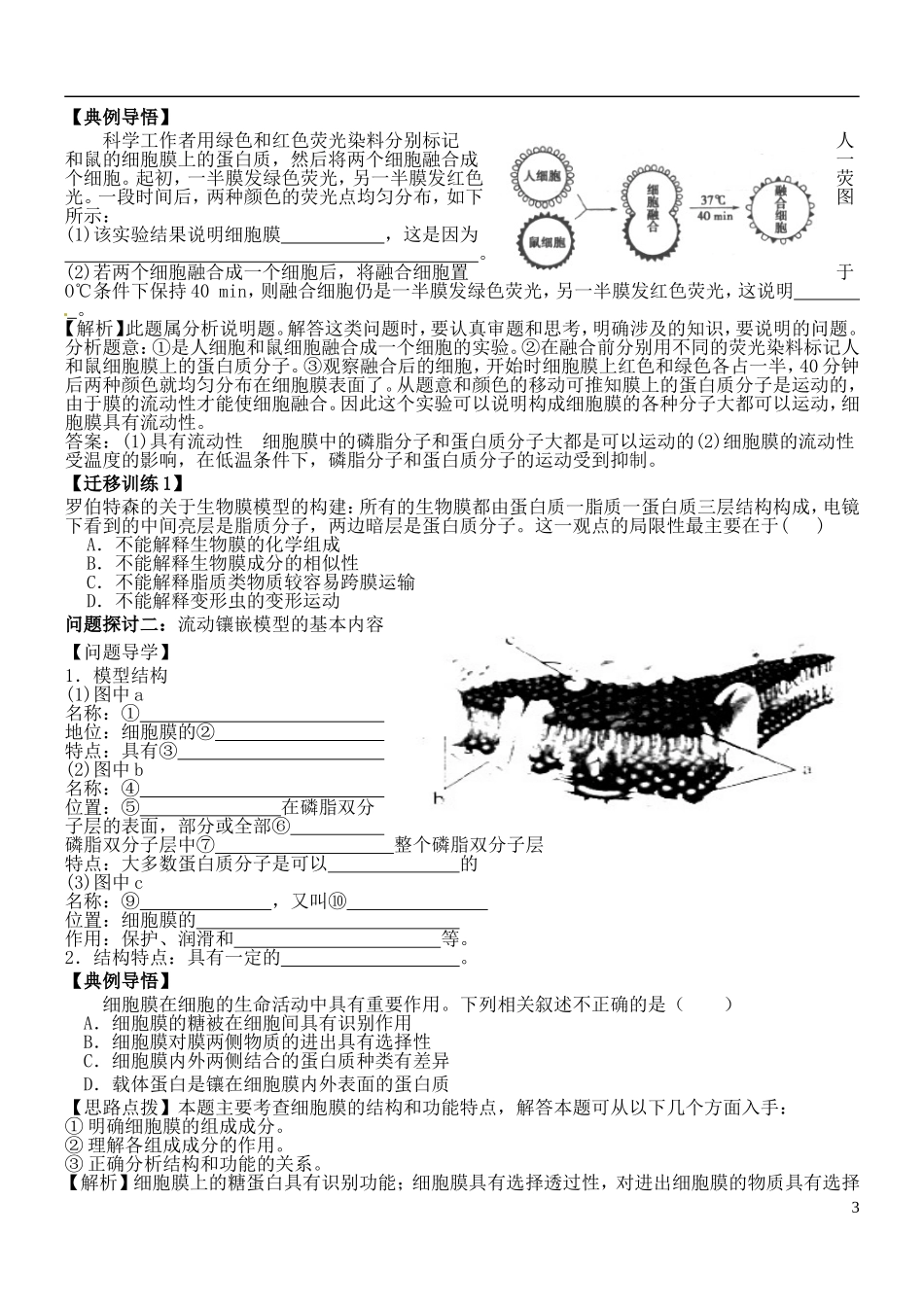 四川省成都七中高一生物 生物膜的流动镶嵌模型》学案 新人教版_第3页