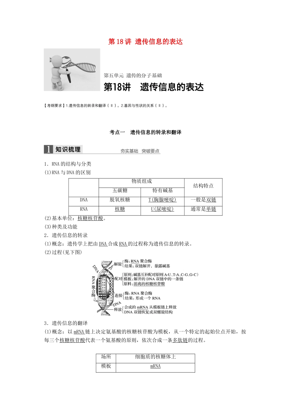 新高考生物一轮复习 第五单元 遗传分子的基础 第18讲 遗传信息的表达学案（含解析）北师大版-北师大版高三全册生物学案_第1页