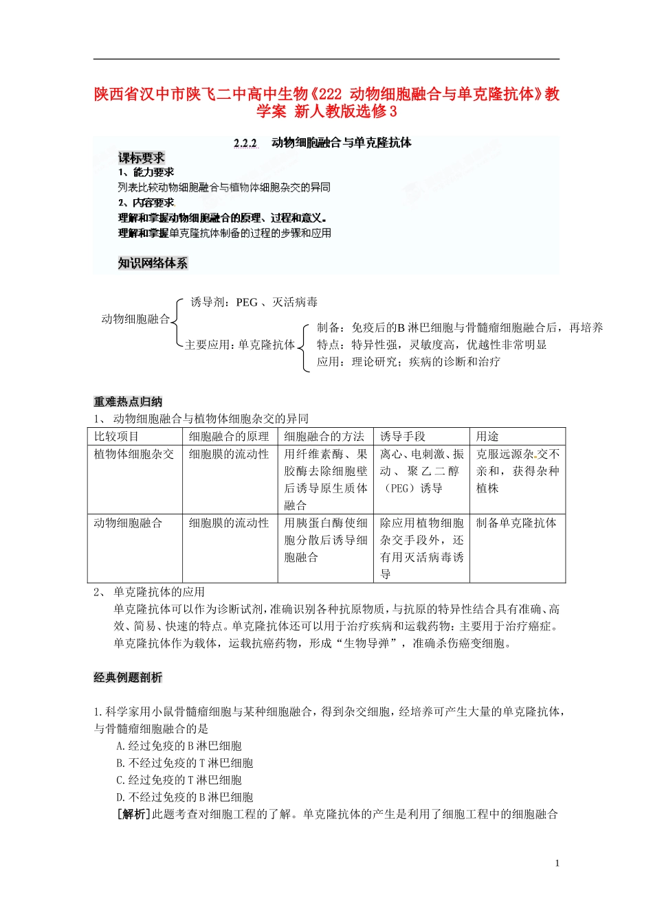陕西省汉中市陕飞二中高中生物《222 动物细胞融合与单克隆抗体》教学案 新人教版选修3_第1页
