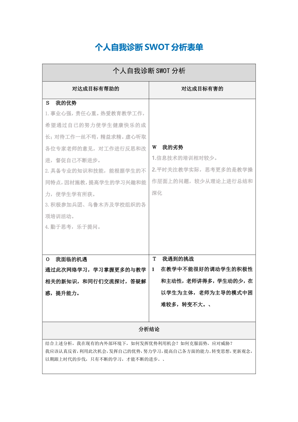 个人自我诊断SWOT分析表单_第1页