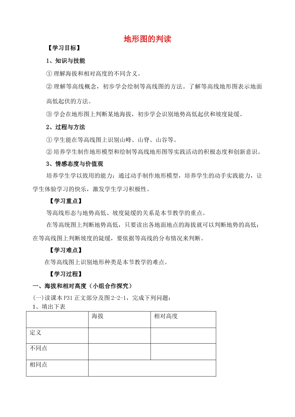 七年级地理上册 第2章 第2节《地形图的判读》学案（无答案）（新版）商务星球版_第1页