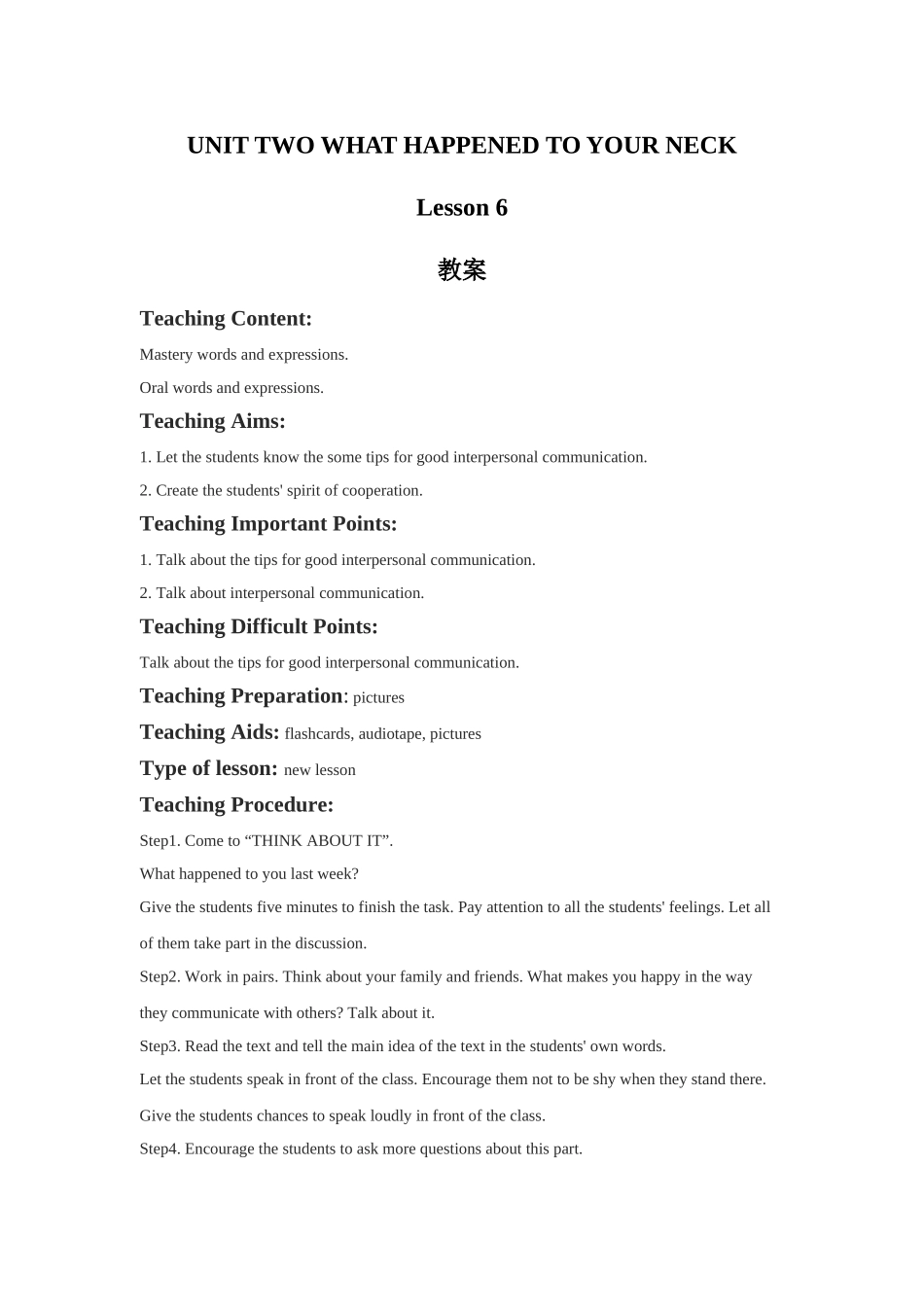 UNIT-TWO-WHAT-HAPPENED-TO-YOUR-NECK-Lesson-6-教案_第1页