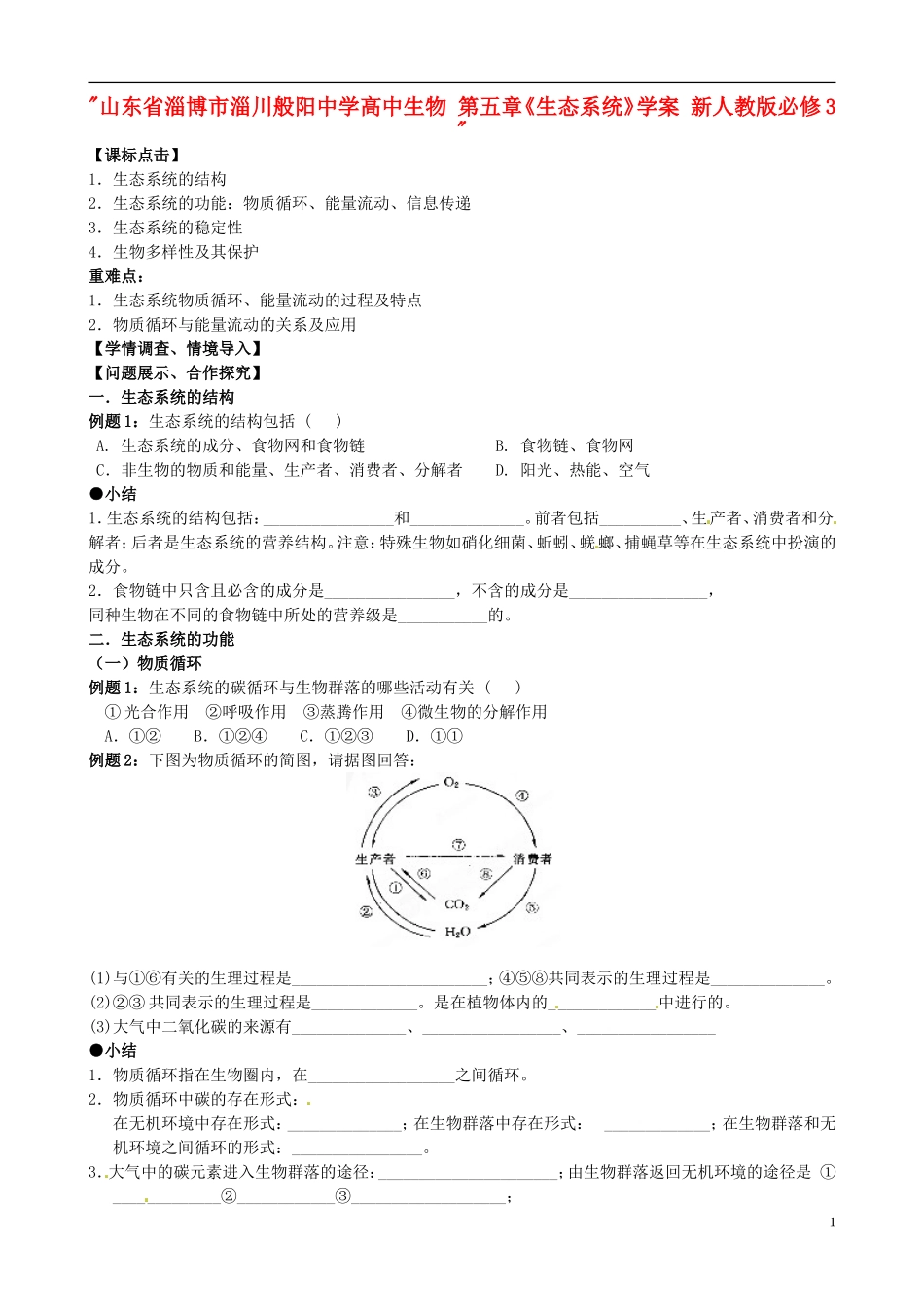 山东省淄博市淄川般阳中学高中生物 第五章《生态系统》学案 新人教版必修3 _第1页