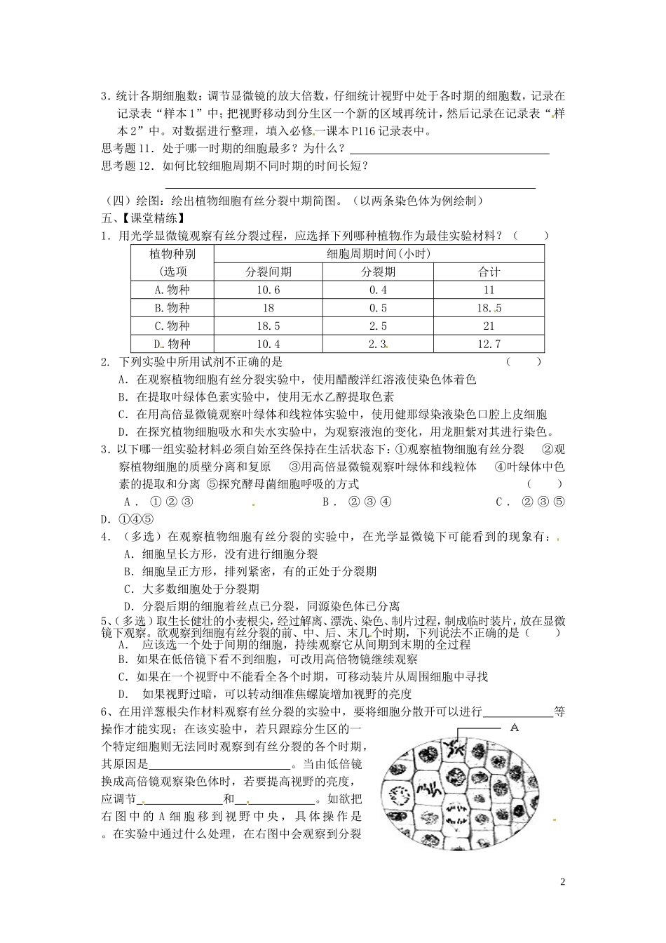 新疆乌鲁木齐市第二十三中高一生物 实验十一 观察细胞的有丝分裂同步创新课堂导学考案 新人教版必修1_第2页