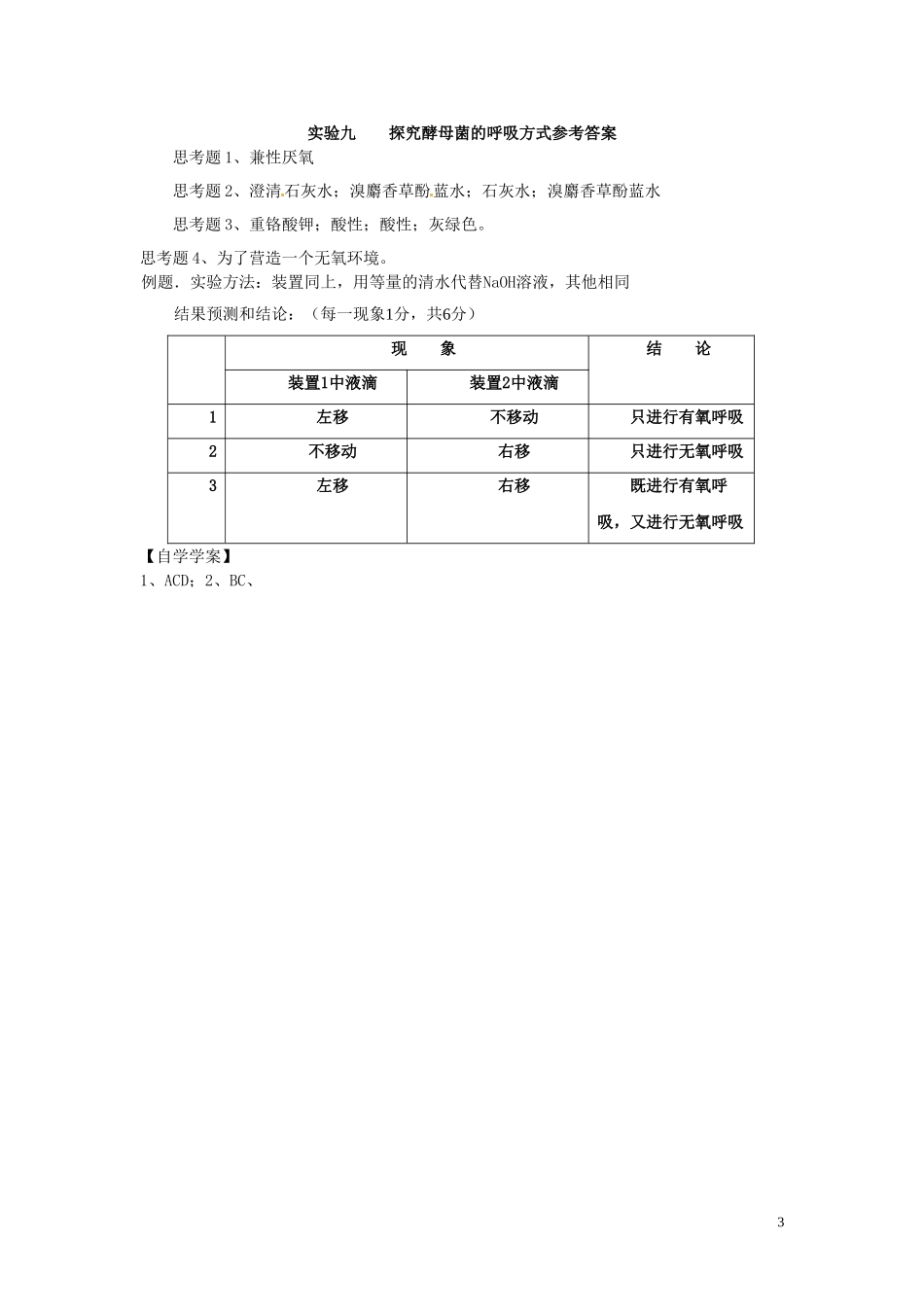 新疆乌鲁木齐市第二十三中高一生物 实验九 探究酵母菌的呼吸方式同步创新课堂导学考案 新人教版必修1_第3页