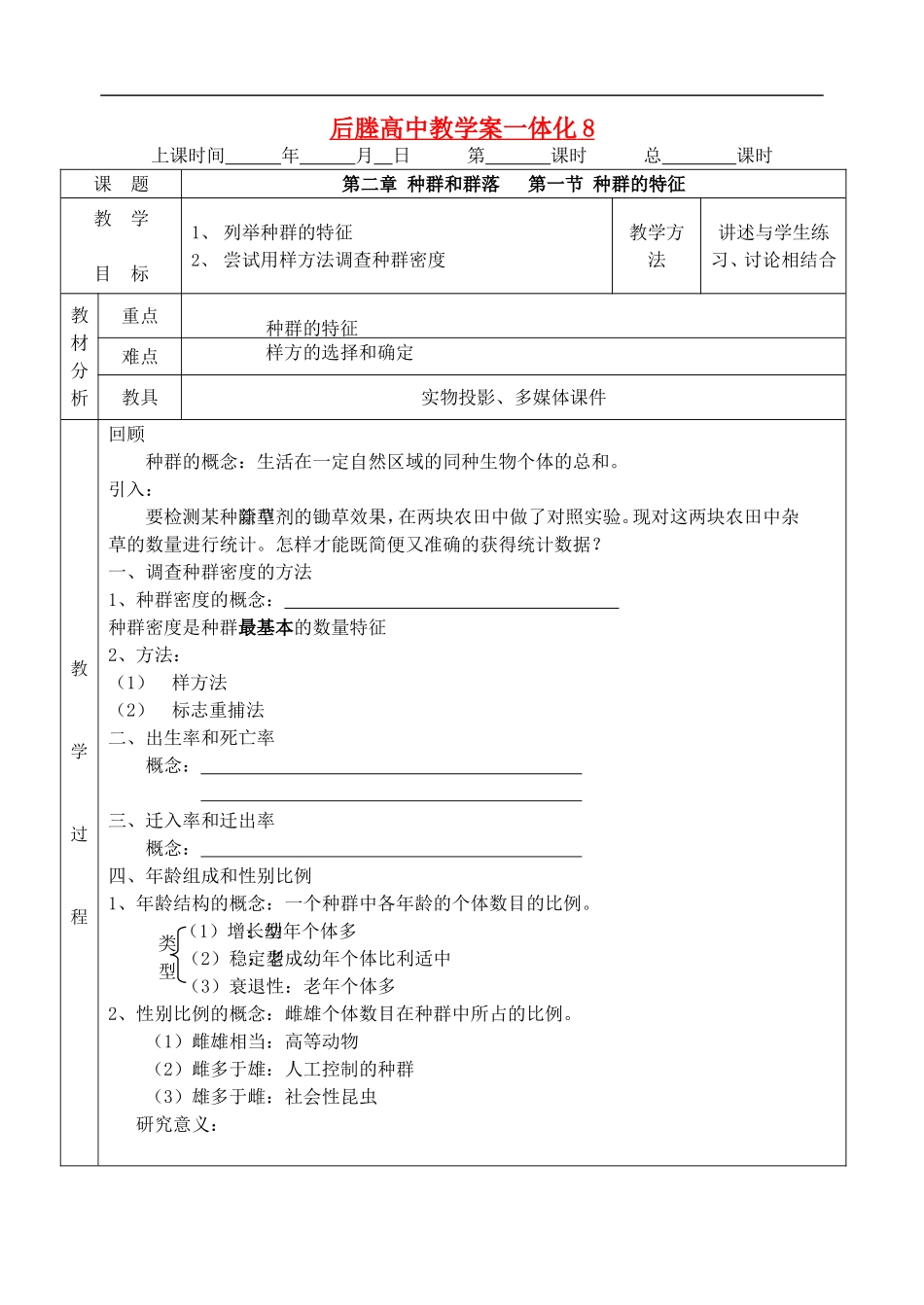 江苏省后塍高中生物教学案一体化8（种群特征)  人教版_第1页