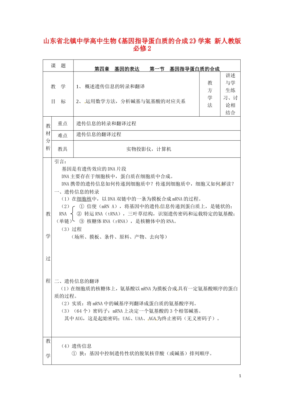 山东省北镇中学高中生物《基因指导蛋白质的合成2》学案 新人教版必修2_第1页