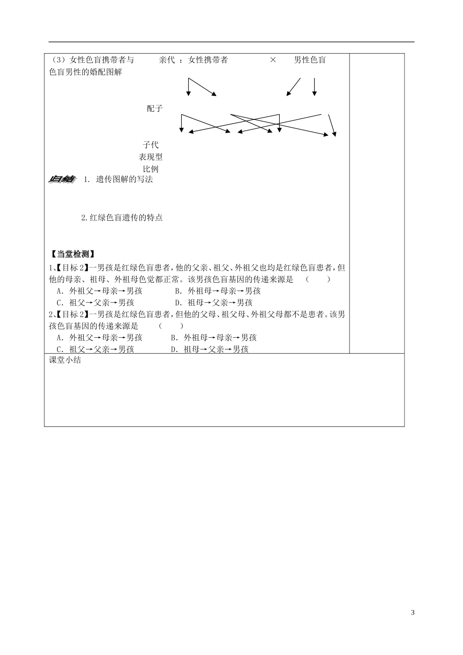 山东省文登市教育教学研究培训中心高中生物 第二章 第三节 伴性遗传 （1）学案 新人教版必修2_第3页