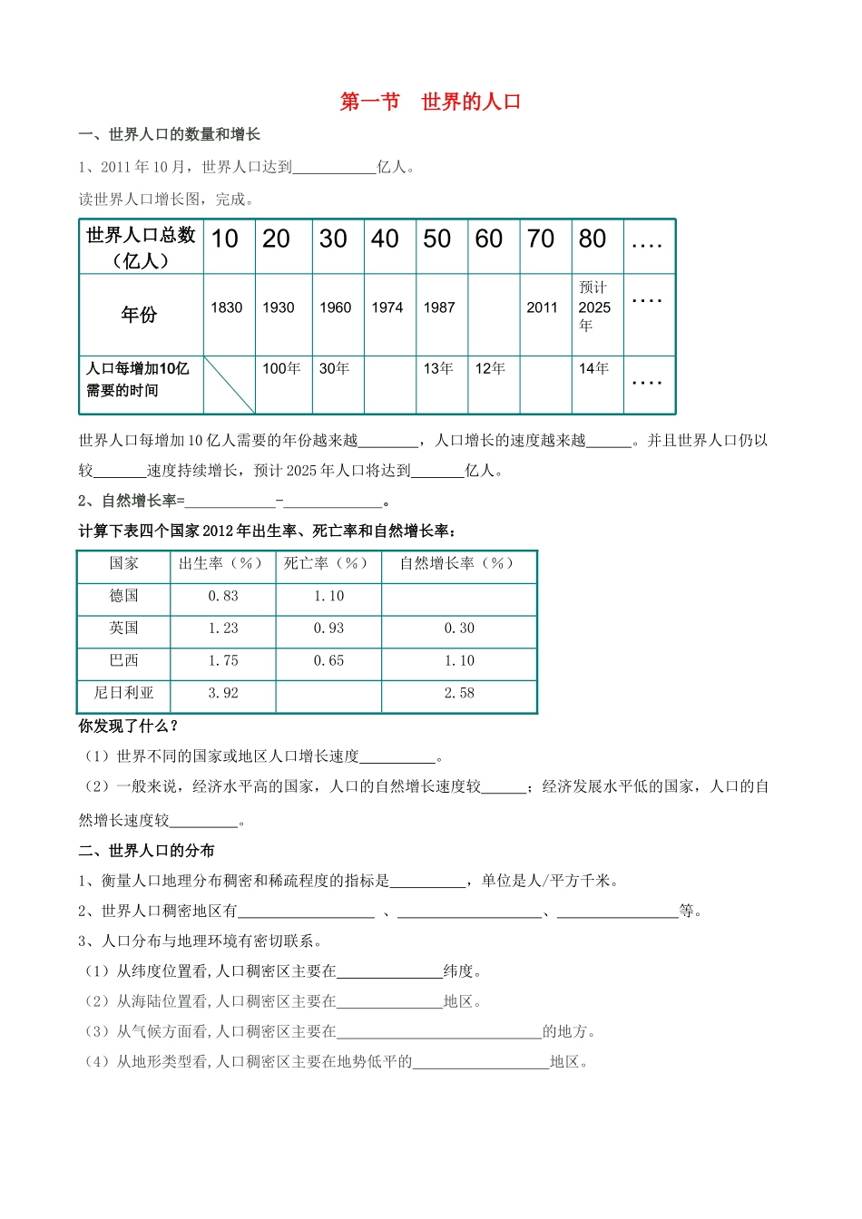 七年级地理上册 第三章 第一节 世界的人口导学案（无答案）（新版）湘教版_第1页
