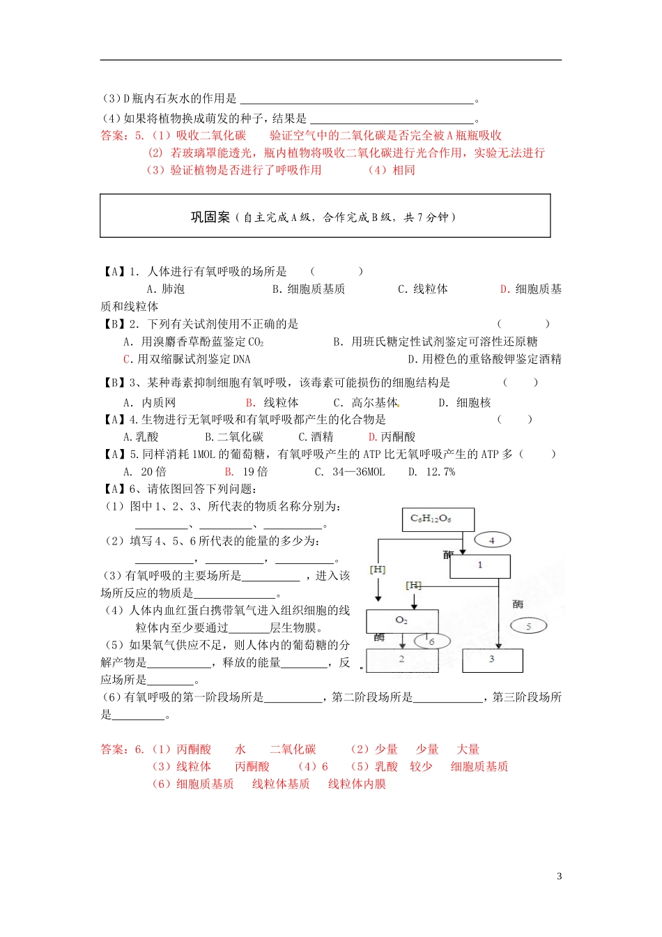 云南省宜良县第一中学高中生物 第五章第三节 ATP的主要来源 细胞呼吸1导学案 新人教版必修1_第3页