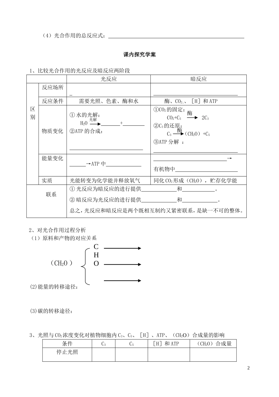 秋高一生物 第五章 第4节 光与光合作用（第2课时）学案-人教版高一全册生物学案_第2页