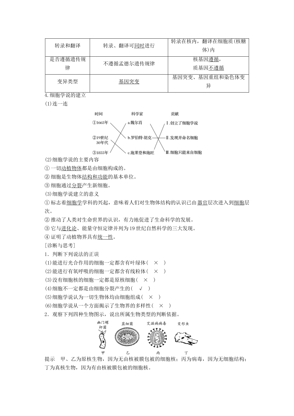 新高考生物一轮复习 第一单元 认识细胞与细胞的化学组成 第1讲 多种多样的细胞、人类探索细胞的历史学案（含解析）北师大版-北师大版高三全册生物学案_第2页