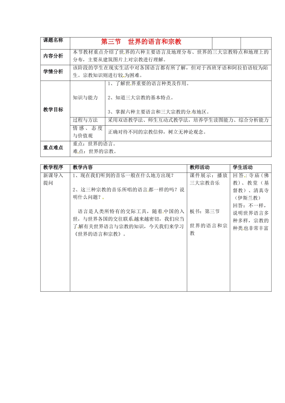 江苏省泗阳实验初中2012年秋七年级地理上册 3.3 语言和宗教教案 湘教版_第1页