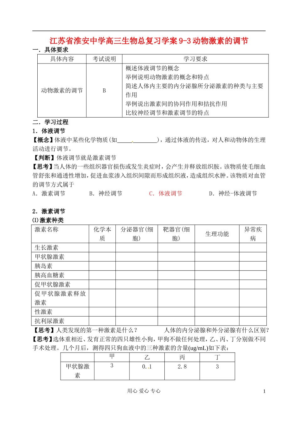 江苏省淮安中学高三生物总复习 9-3动物激素的调节学案_第1页