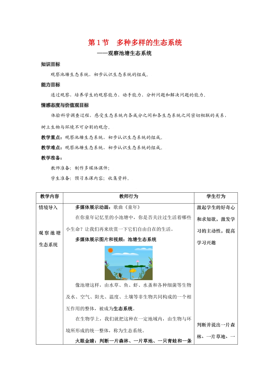 七年级生物上：第2章第1节 多种多样的生态系统 教案苏科版_第1页