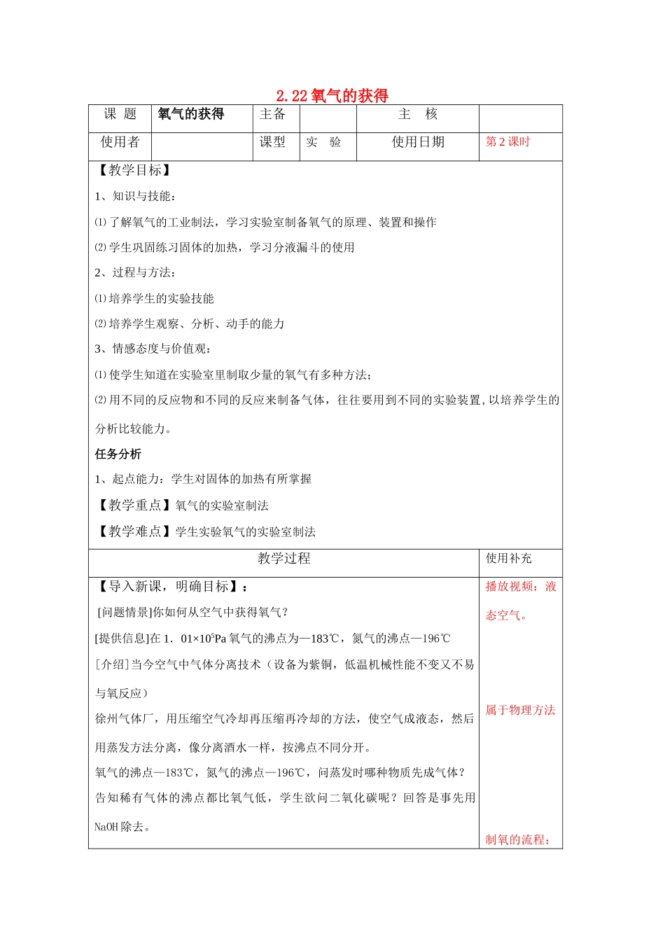 九年级化学 2.22氧气的获得教案 沪教版_第1页