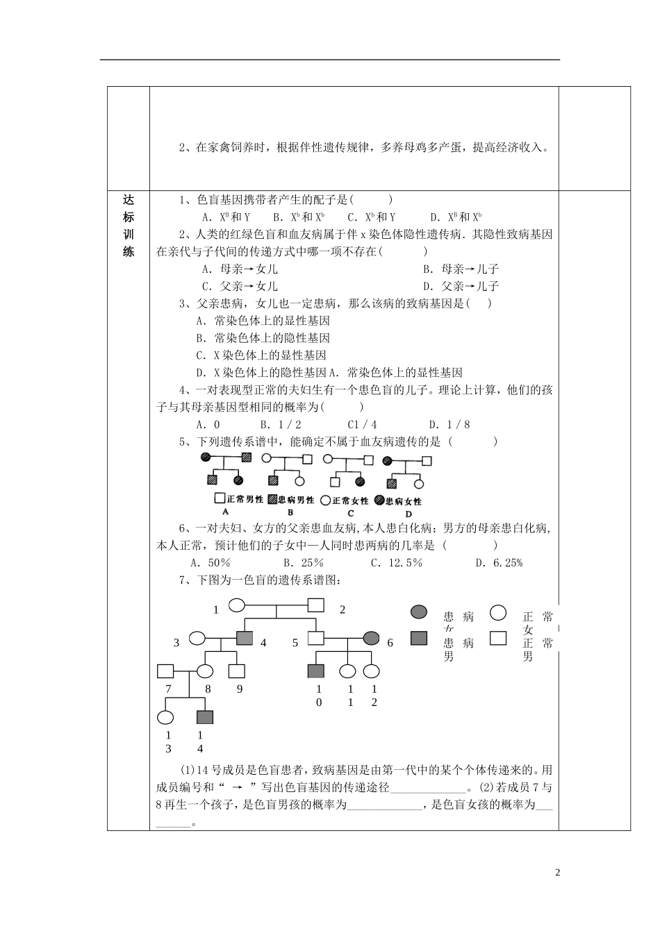 陕西省西安交大阳光中学高中生物 第2章 第3节 伴性遗传（第1课时）学案 新人教版必修2_第2页