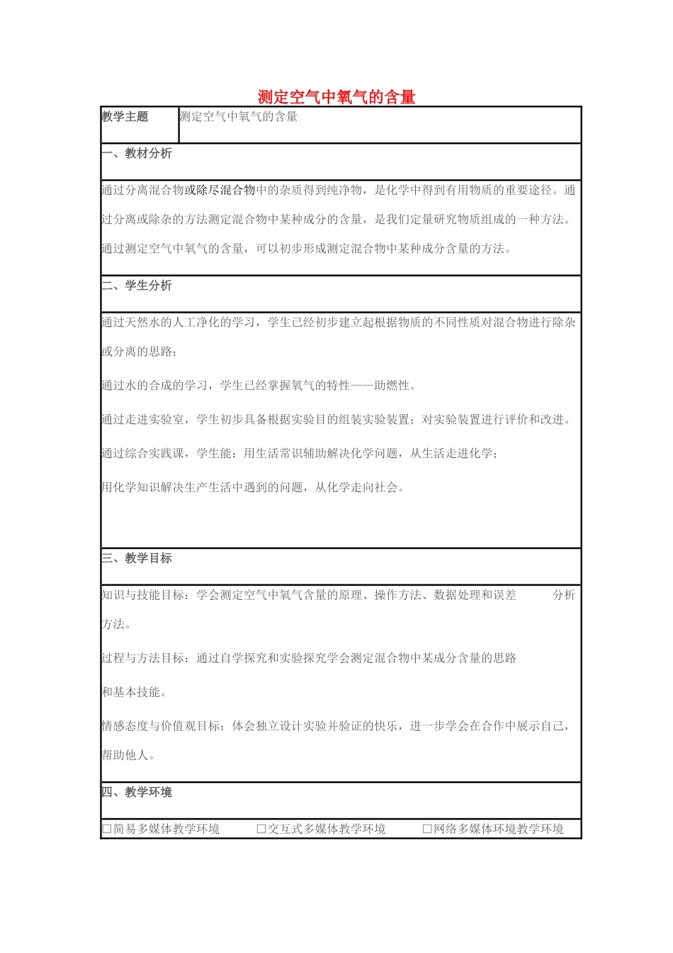 九年级化学上册 第4单元 我们周围的空气 第1节 空气的成分 测定空气中氧气含量教案 （新版）鲁教版-（新版）鲁教版初中九年级上册化学教案_第1页