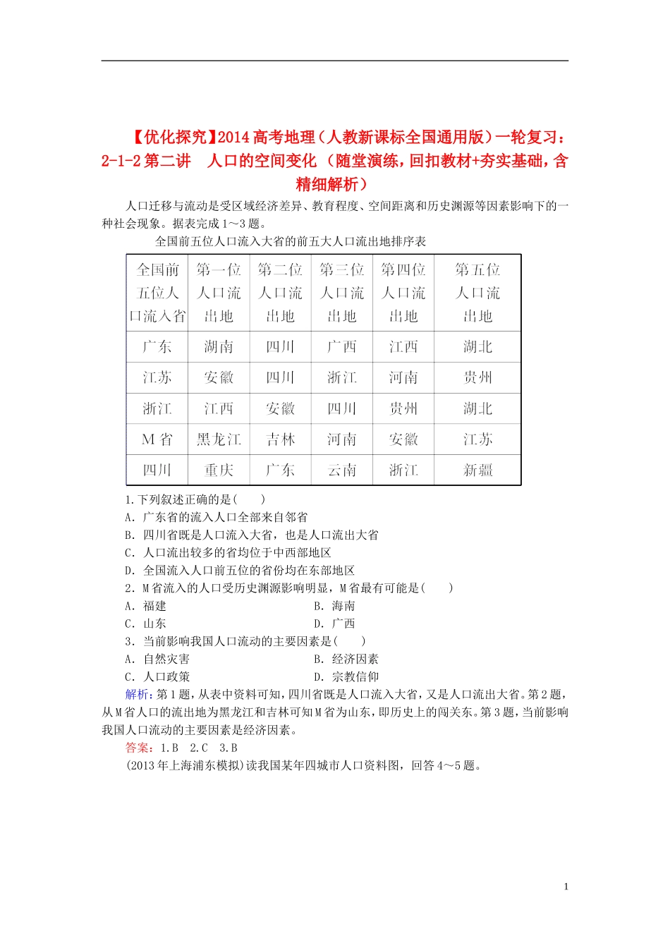 【优化探究】2014高考地理一轮复习-(随堂演练-回扣教材+夯实基础)1-2-人口的空间变化(含解析)-新人教版_第1页