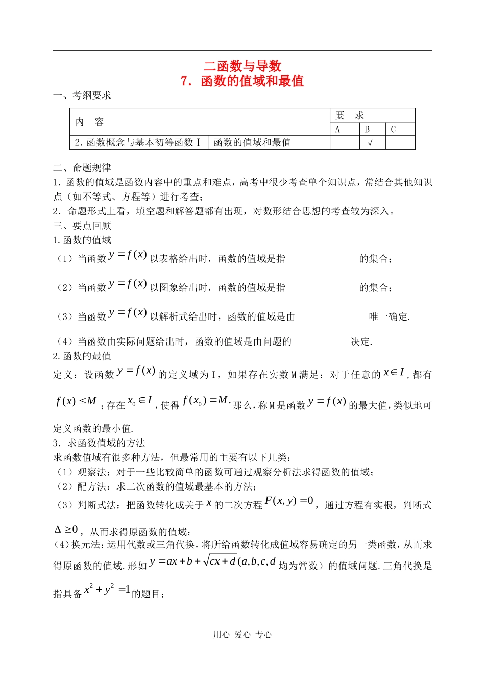 江苏省兴化市楚水实验学校10届高三数学复习讲义7函数的值域和最值_第1页