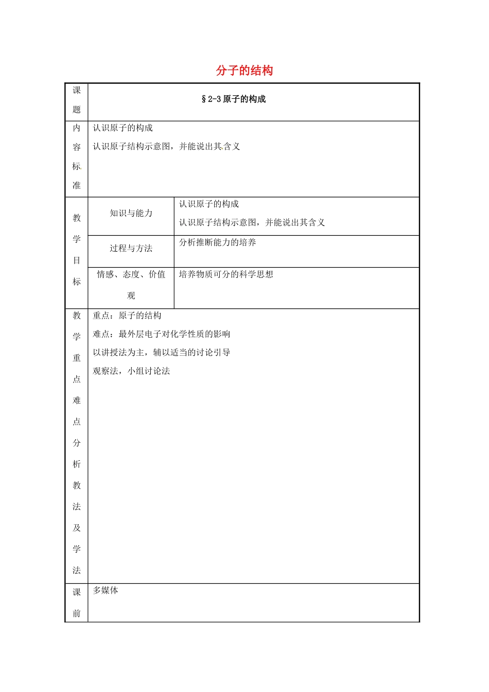九年级化学上册 2.3原子的结构教案（第一课时）鲁教版_第1页