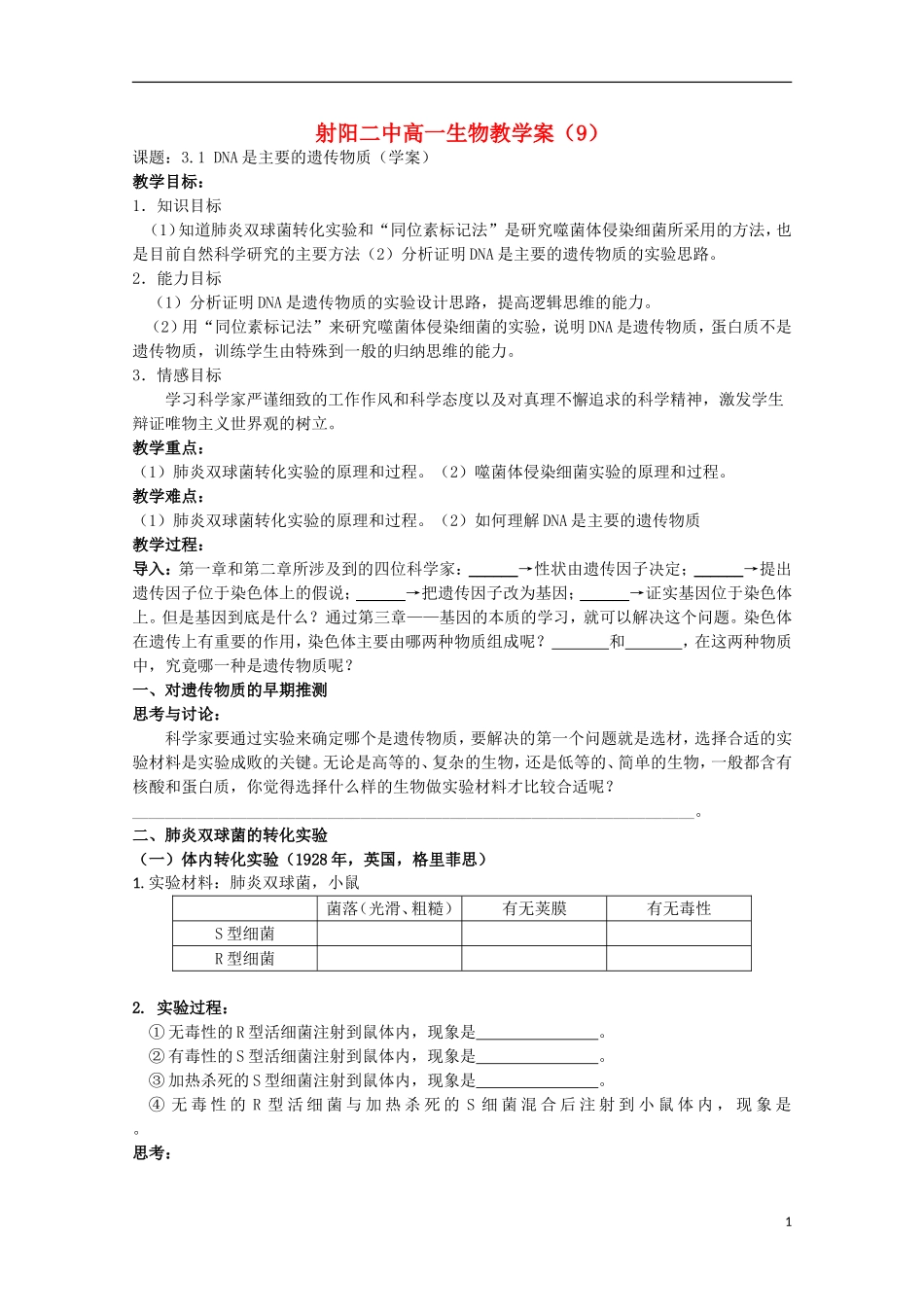 江苏省盐城市射阳二中高一生物 9课题：3.1 DNA是主要的遗传物质教学案_第1页