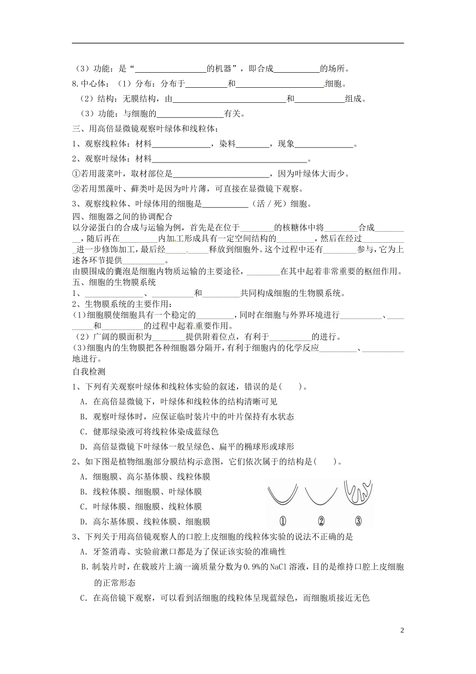 山东省临朐县实验中学高中生物 细胞器 系统内的分工合作学案 新人教版必修1_第2页