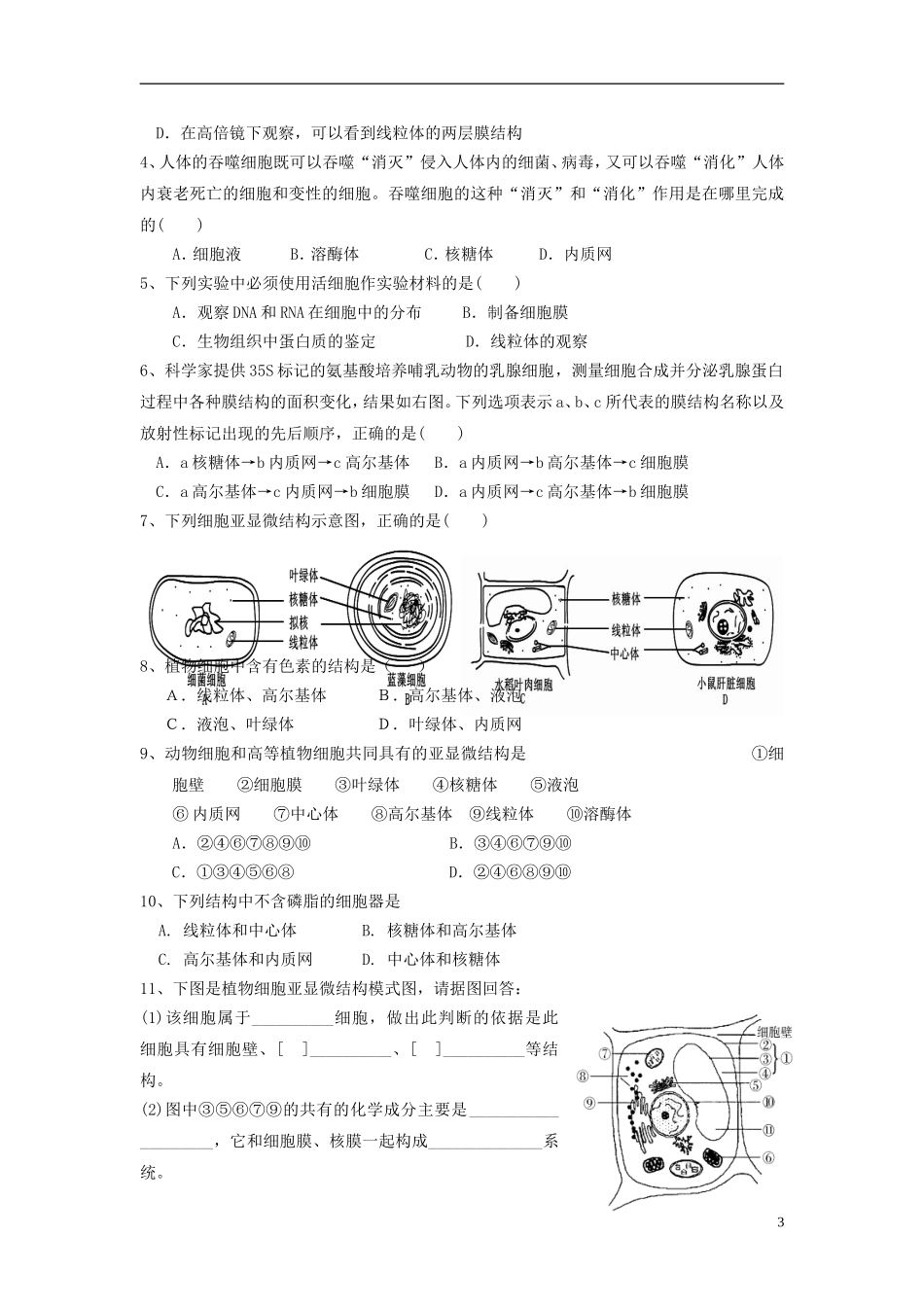 山东省临朐县实验中学高中生物 细胞器 系统内的分工合作学案 新人教版必修1_第3页