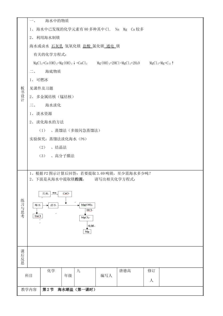 九年级化学 第6单元 海洋化学资源精品教案 鲁教版_第3页