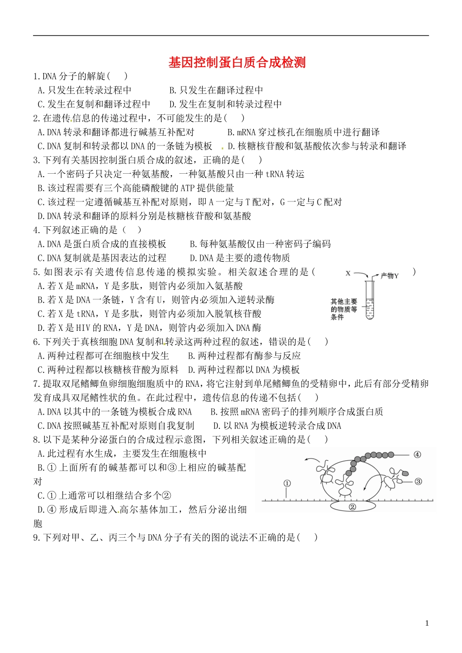 山东省德州市高中生物 基因控制蛋白质合成检测学案 新人教版必修2_第1页