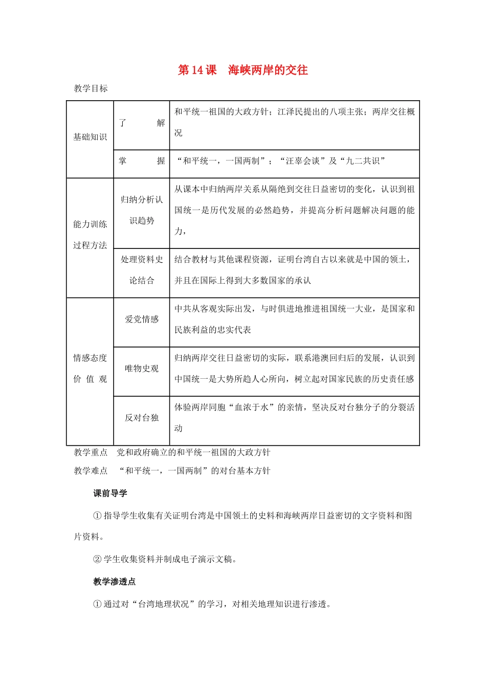 七年级历史下：第四单元第14课 海峡两岸的交往教案鲁教版_第1页