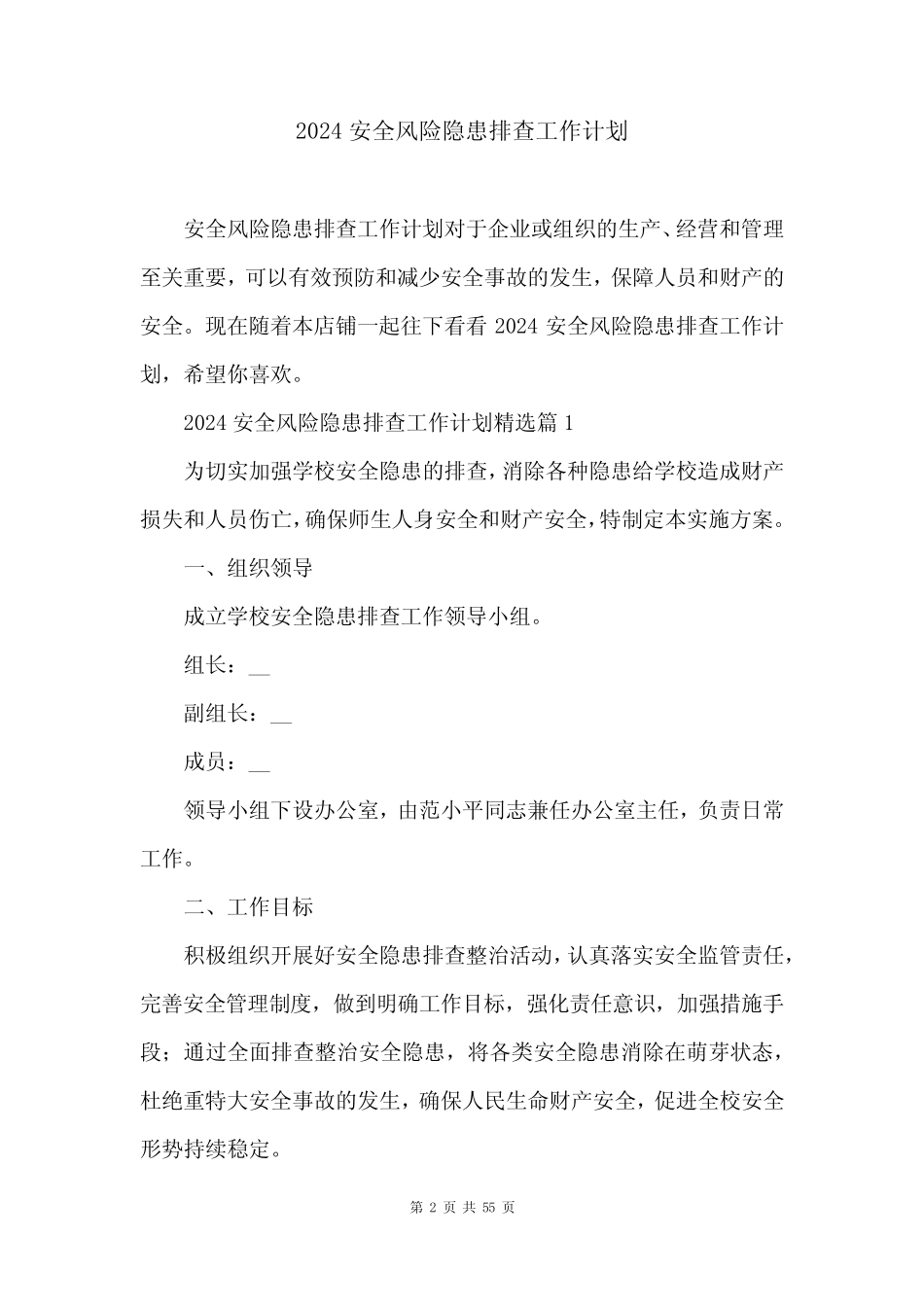 2024安全风险隐患排查工作计划 _第2页