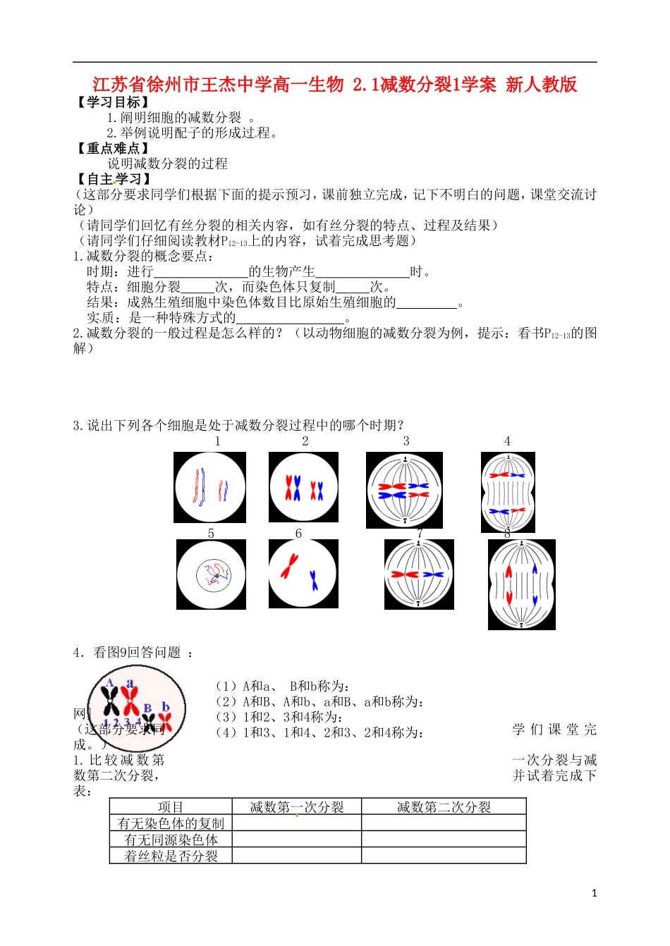 江苏省徐州市王杰中学高一生物 2.1减数分裂1学案 新人教版_第1页