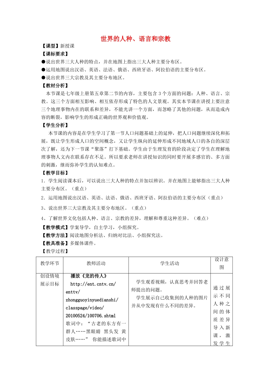 七年级地理上册 第5章 第2节 世界的人种、语言和宗教教案 （新版）商务星球版1-（新版）商务星球版初中七年级上册地理教案_第1页