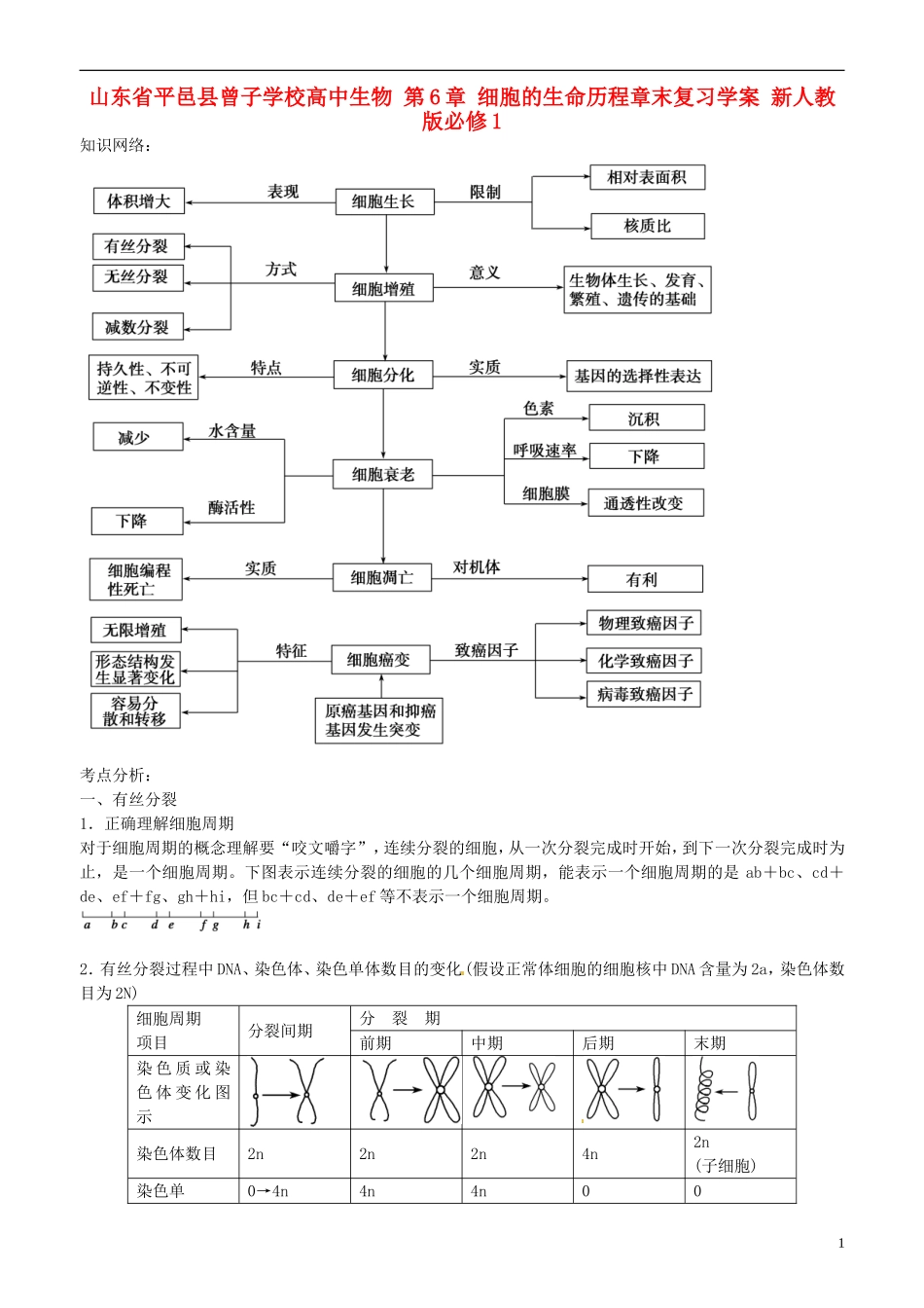 山东省平邑县曾子学校高中生物 第6章 细胞的生命历程章末复习学案 新人教版必修1_第1页